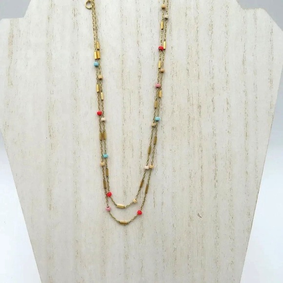 Madewell Gold Tone Double Strand Necklace Colorful Beads Layered M Logo - Picture 3 of 6
